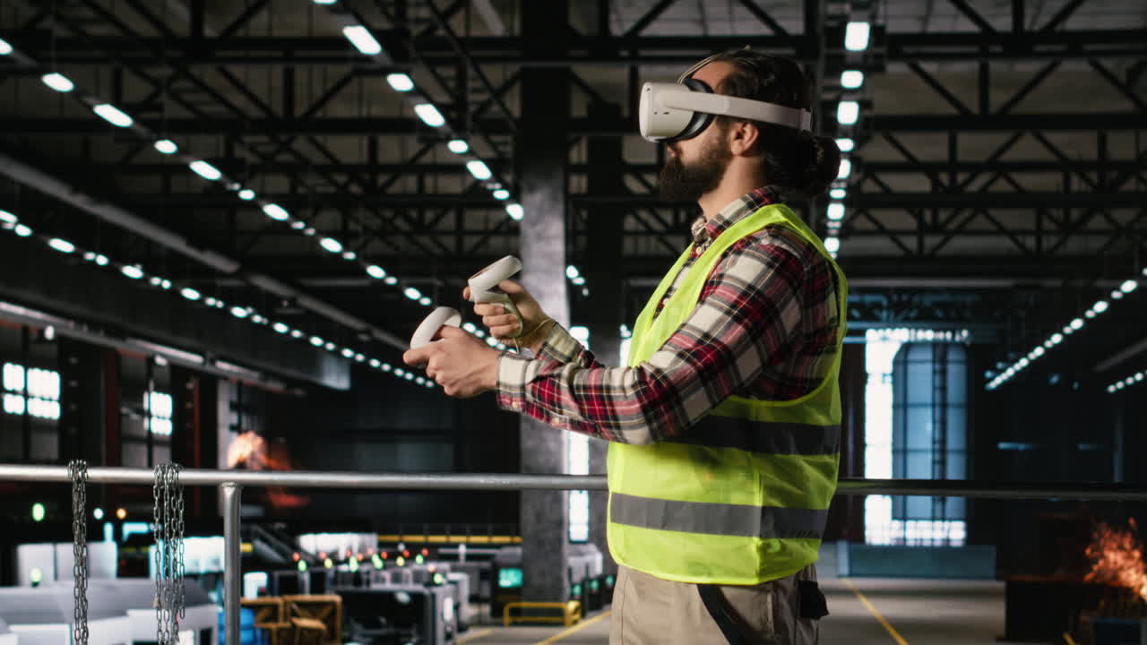Engineer with VR headset exploring machinery hall in virtual reality cyberspace