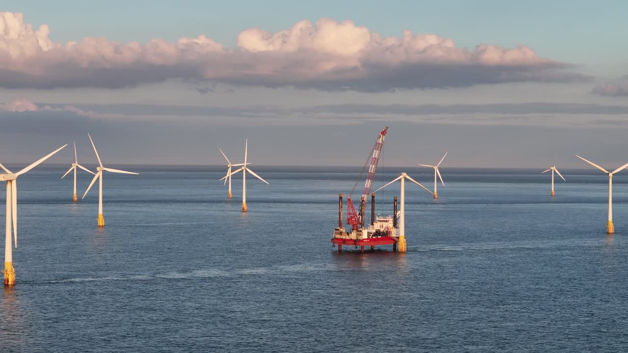Hemsby Norfolk UK Work platform servicing Wind farm drone,aerial 4K footage