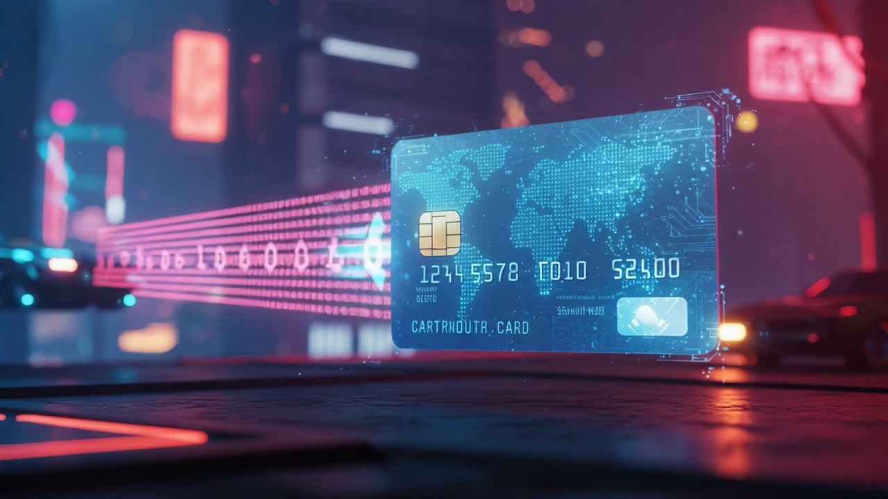 A futuristic digital payment scene featuring a holographic credit card with glowing elements, displaying card details and a high-tech urban environment in the background