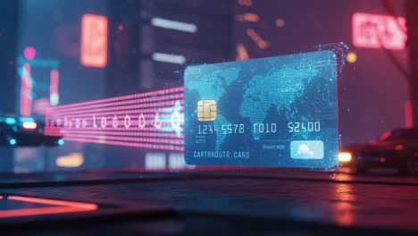 a futuristic digital payment scene featuring a holographic credit card with glowing elements, displaying card details and a high-tech urban environment in the background