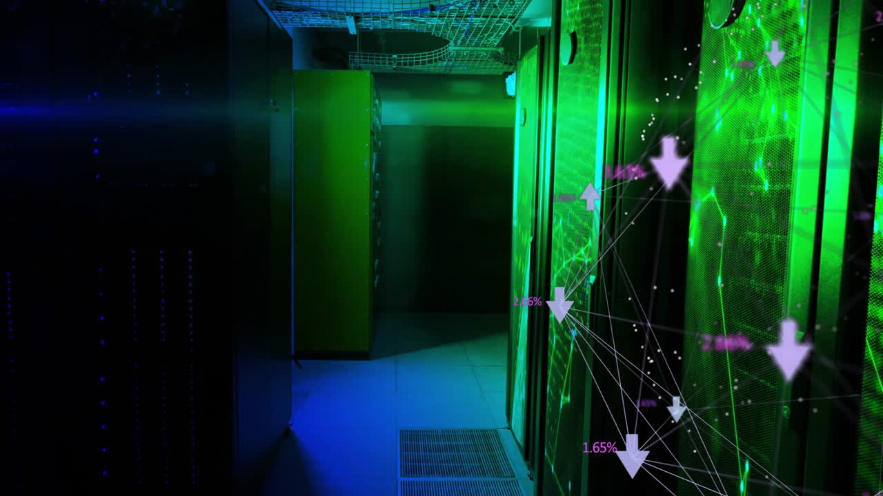 Data processing animation over servers in dimly lit data center