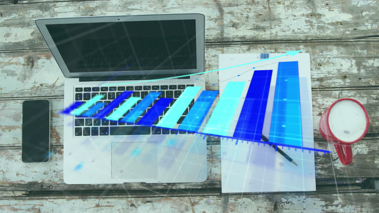 Animation of arrow on bar graphs, overhead view of cellphone, laptop, notepad, milk on table