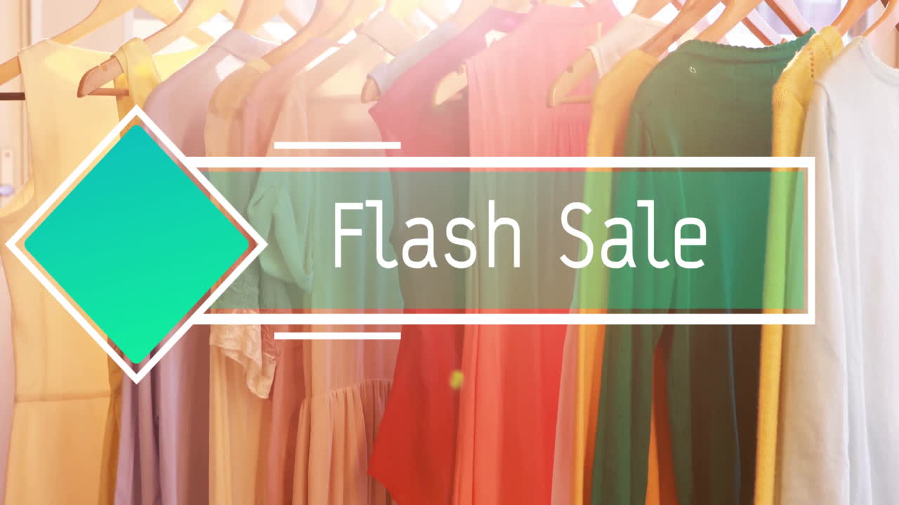 Flash Sale text animation over colorful dresses hanging on rack