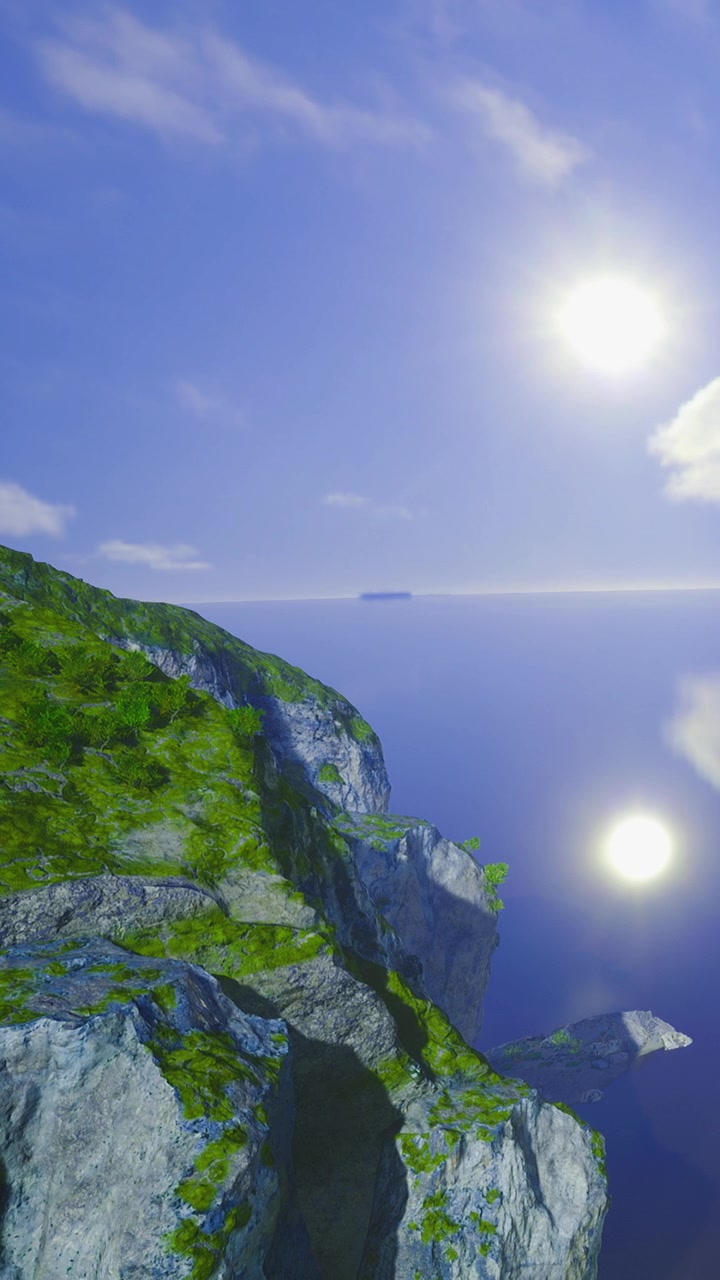 Stille sceneri af en kystlinje med vand, der spejler himlen og sollyset.