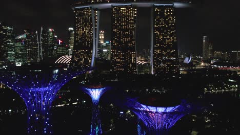 drone rising up through the supertree grove in the gardens by the bay to reveal the singapore skyline