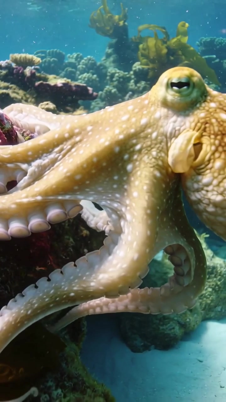 Video verticale: Esplorando un grande polpo che arriccia i tentacoli su una barriera corallina, rivelando le ventose e cambiando colore.