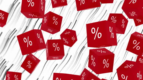 red cubes with percentage signs falling, discount animation over black and white lines