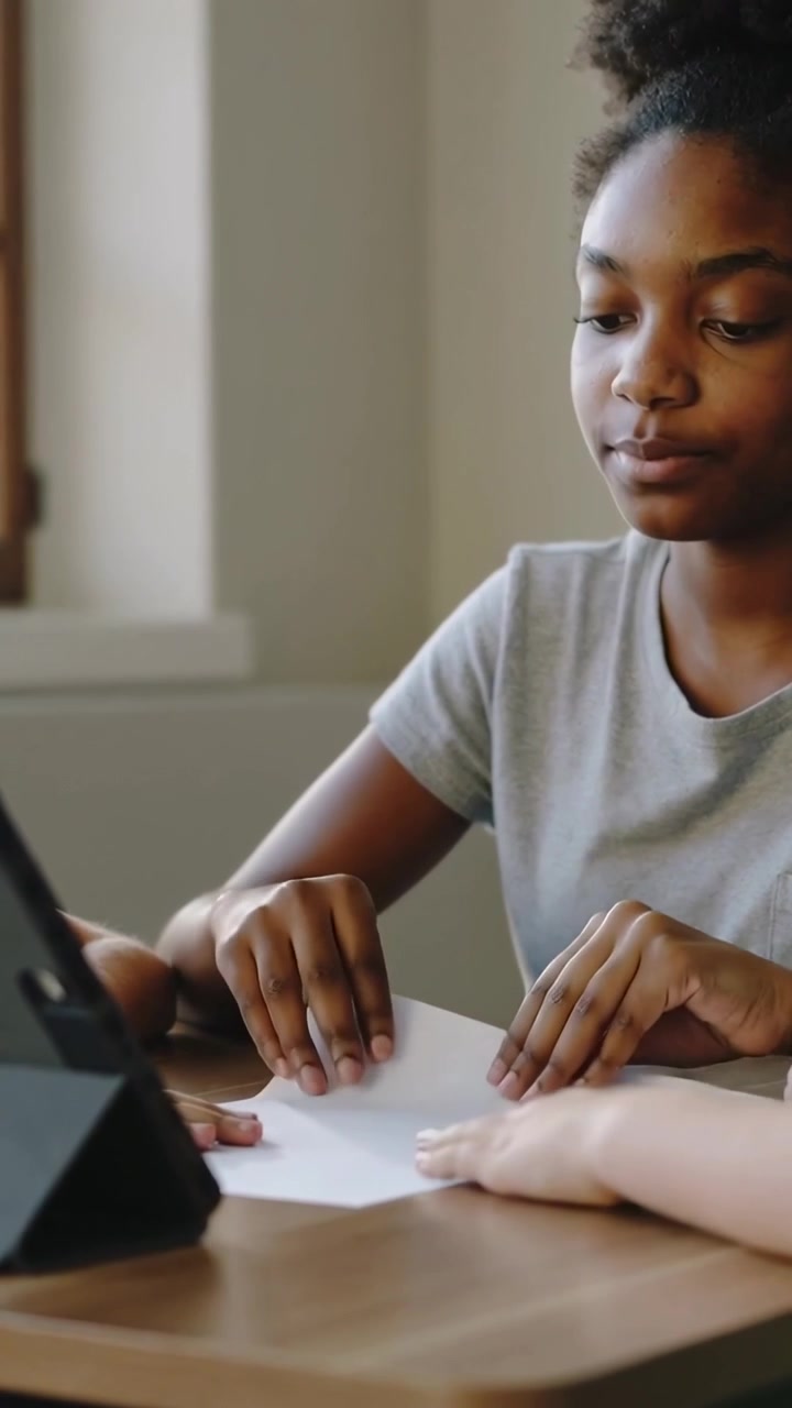 Vertical video: Referencing tablet, teen girl in grey tee picking up paper at home, hand steadying