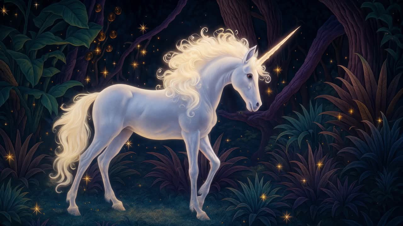 A mystical unicorn in a magical forest, captured from a side angle