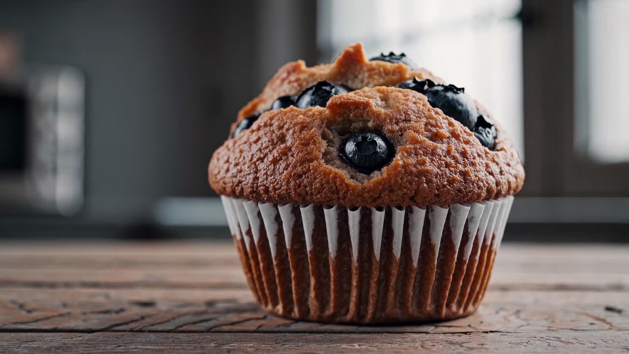 Video en primer plano de un muffin de arándanos sobre una mesa de madera rústica