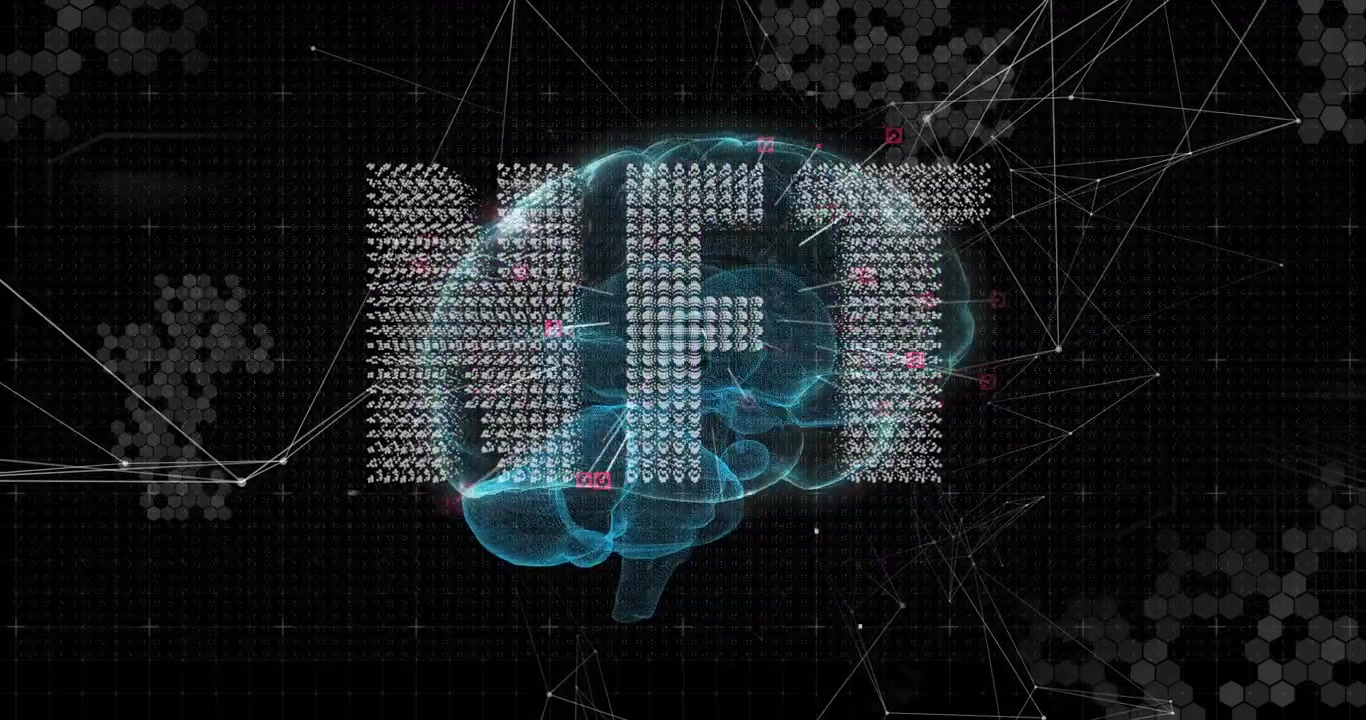 Dot-matrix NFT appearing triggers cyan brain rotating, linking with lines, sending data for mapping