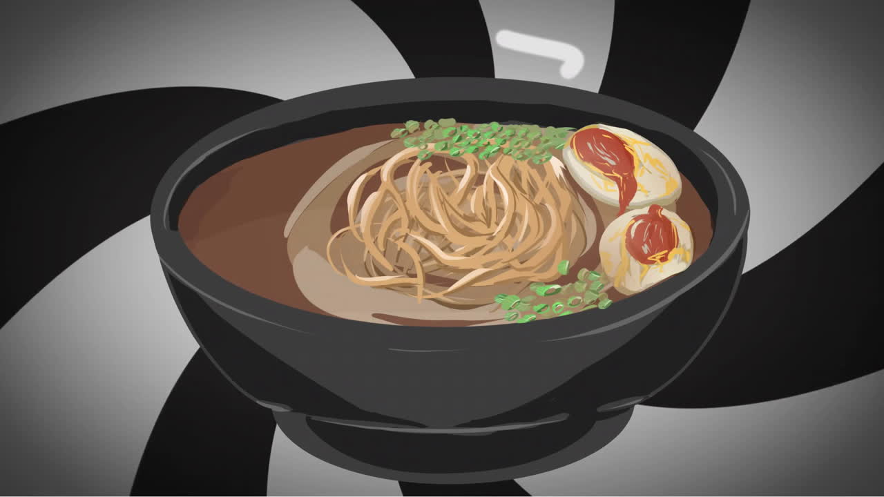 Animation of ramen bowl with chopsticks, noodles, eggs, and vegetables