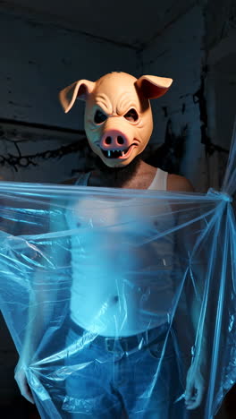 man in creepy pig mask behind plastic in dark room