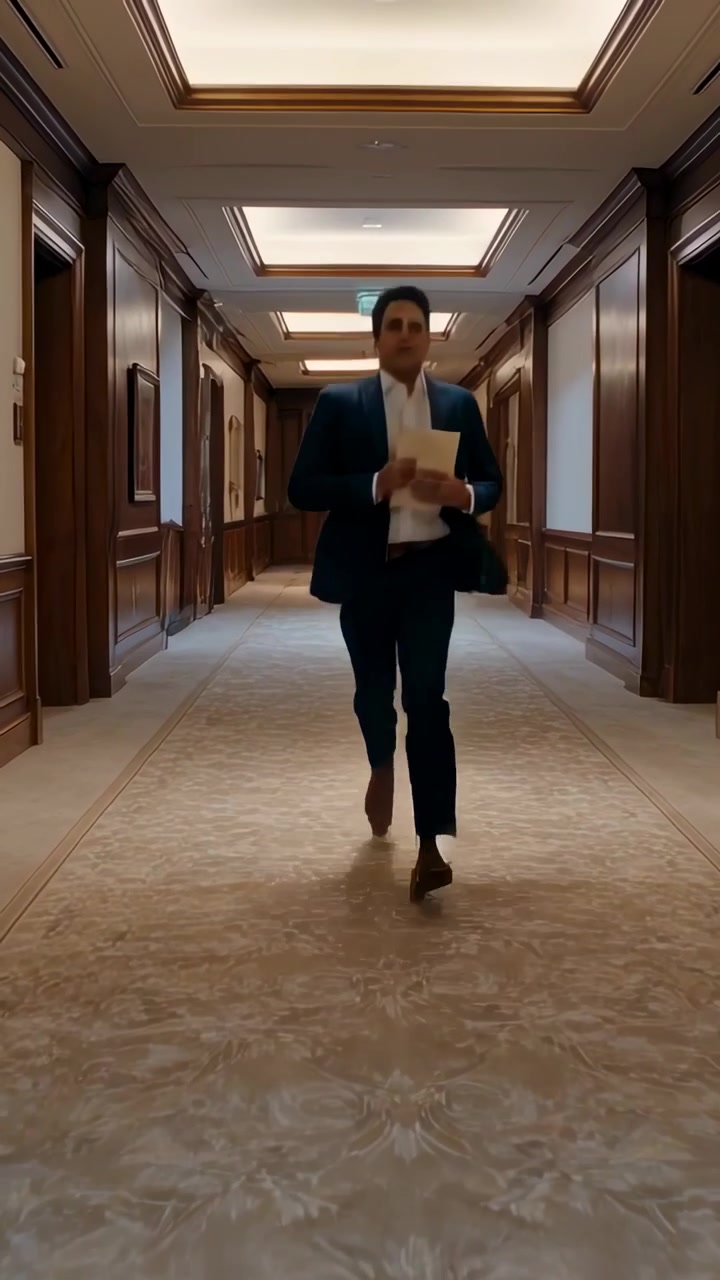 Video verticale: Uomo in abito che cammina uscendo, portando documenti e dando un'occhiata nel corridoio dell'ufficio.
