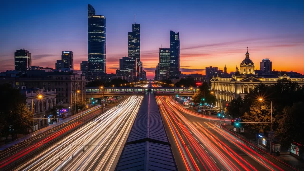 City Nightscape with Light Trails on a Highway