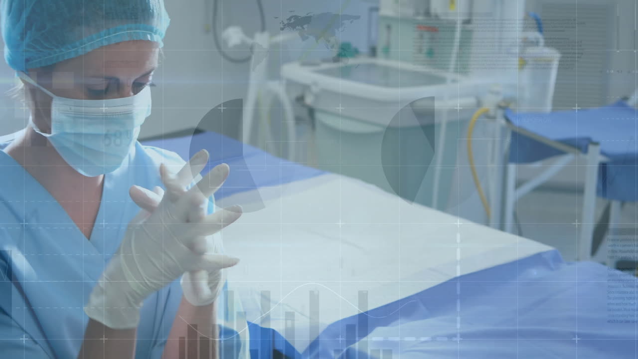 animación del procesamiento de datos sobre una cirujana caucásica