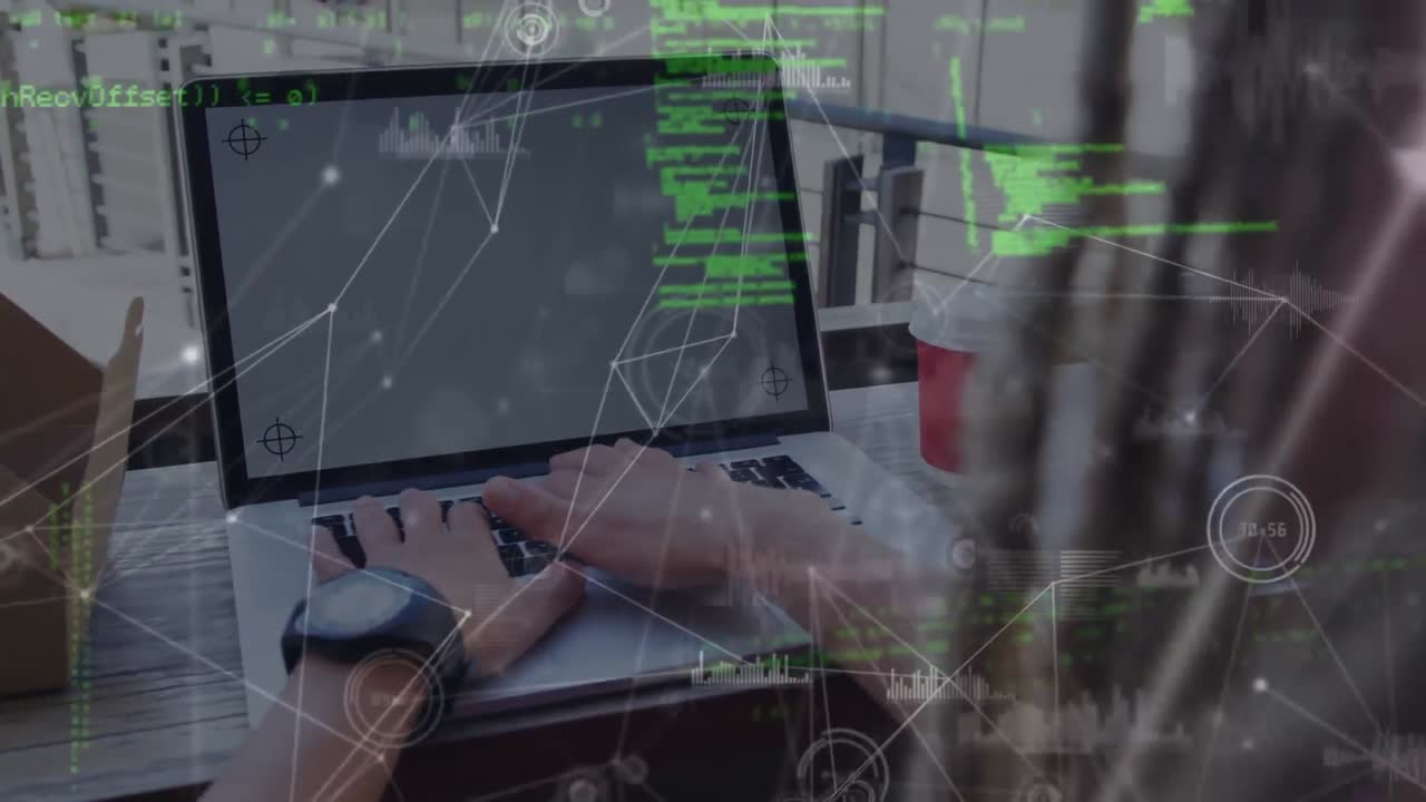 animación de la red de conexiones con iconos sobre el hombre usando portátil.