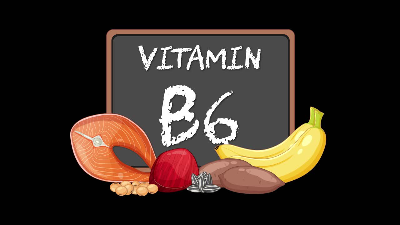 Chalkboard with Vitamin B6 text, healthy foods appear gradually, simple animation, black background
