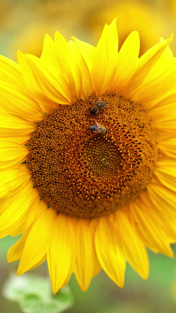 Pair of bees crawling along the blossoming sunflower. Amazing bright flower close up at the blurred background. Vertical video
