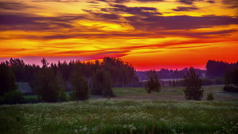 impresionante puesta de sol colorida sobre un prado de campo brumoso y bosque - lapso de tiempo