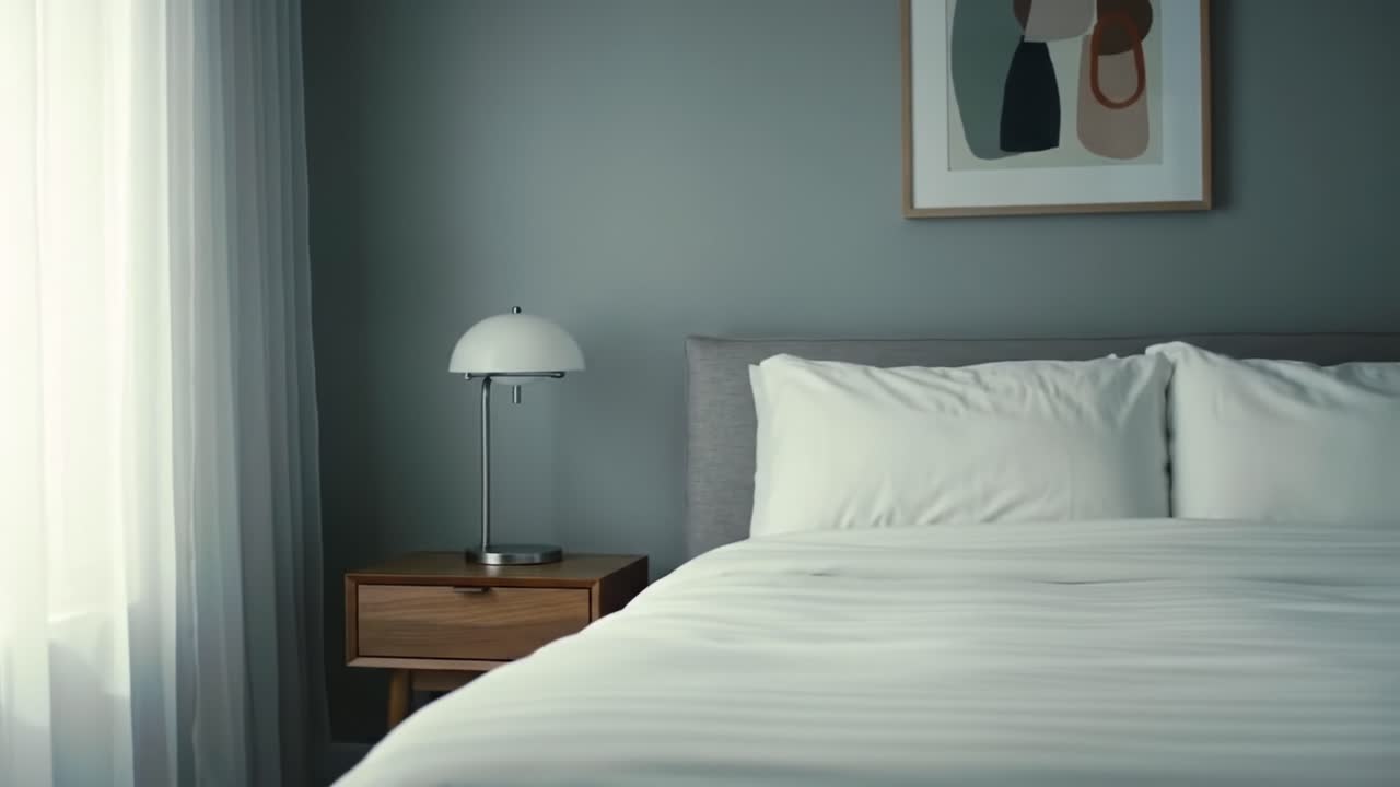 Serene Bedroom Retreat: A Calm and Inviting Space Featuring Soft Draperies, Modern Lighting, and Minimalist Artwork for Tranquil Living