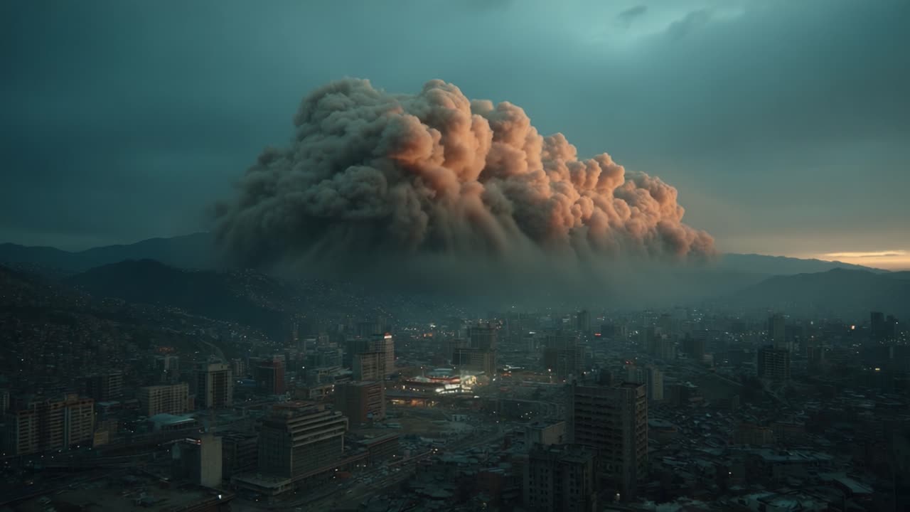 Una turbolenza drammatica: una mostruosa nuvola di polvere inghiotte il paesaggio urbano mentre il tramonto si avvicina, creando un contrasto spettacolare tra natura e vita urbana