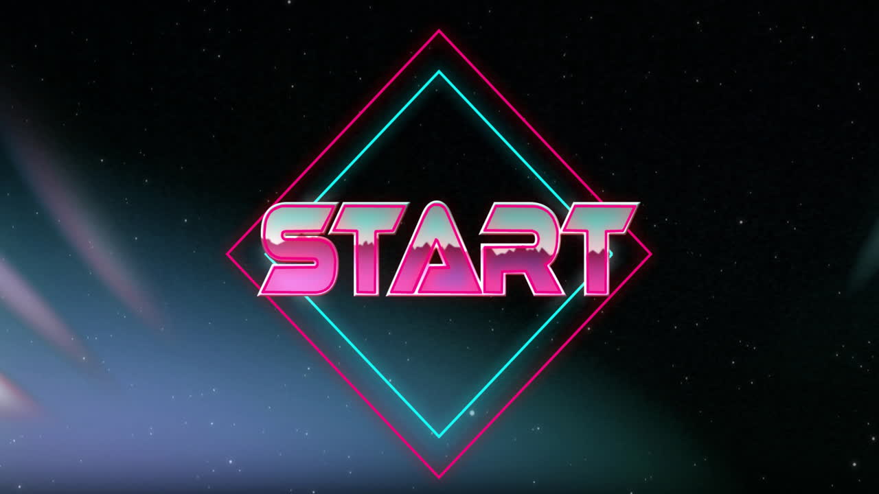 Glowing animation of retro neon START text over geometric shapes on dark background