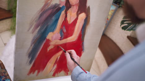 strategic choice of scarlet dress on canvas. passion and vitality in composition while surrounding colors harmonize to create balanced visual narrative