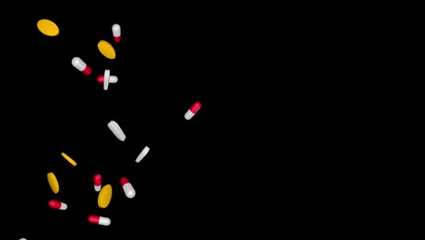 pharmacy loop animation pills tablets falling down on a dark background.