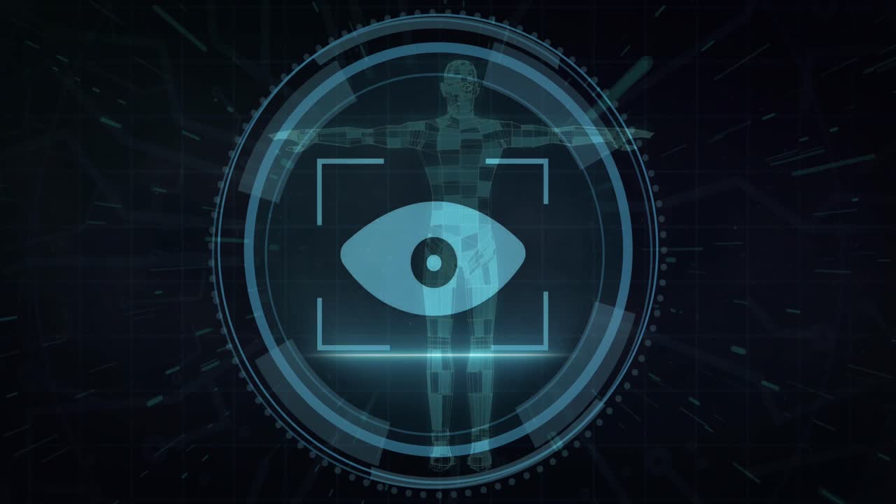 animación del icono del ojo y el cuerpo humano sobre fondo negro