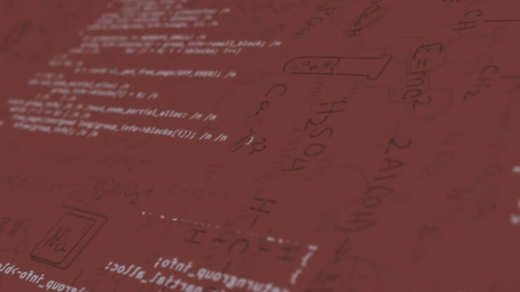 Animación de procesamiento de datos científicos sobre iconos químicos en un fondo rojo
