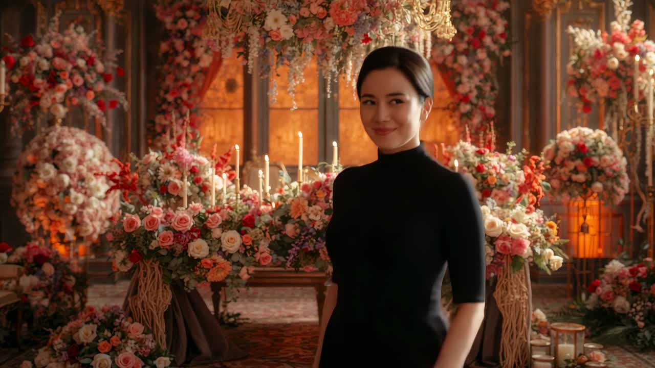 Entering right, woman in fitted black dress turning and posing, showing floral decor in event hall