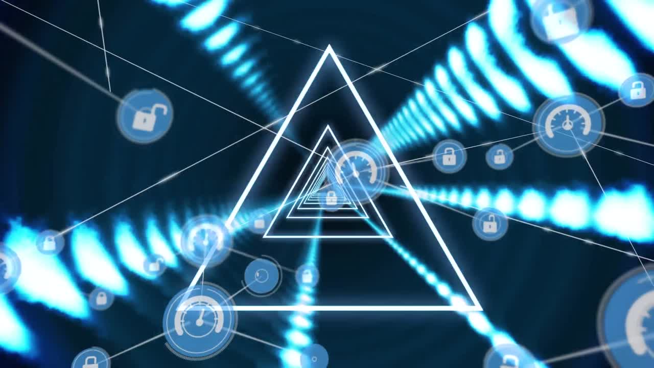 검은색 바탕에 아이콘과 네온 터널을 가진 연결 네트워크의 애니메이션