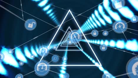 animación de la red de conexiones con iconos y túnel de neón sobre fondo negro