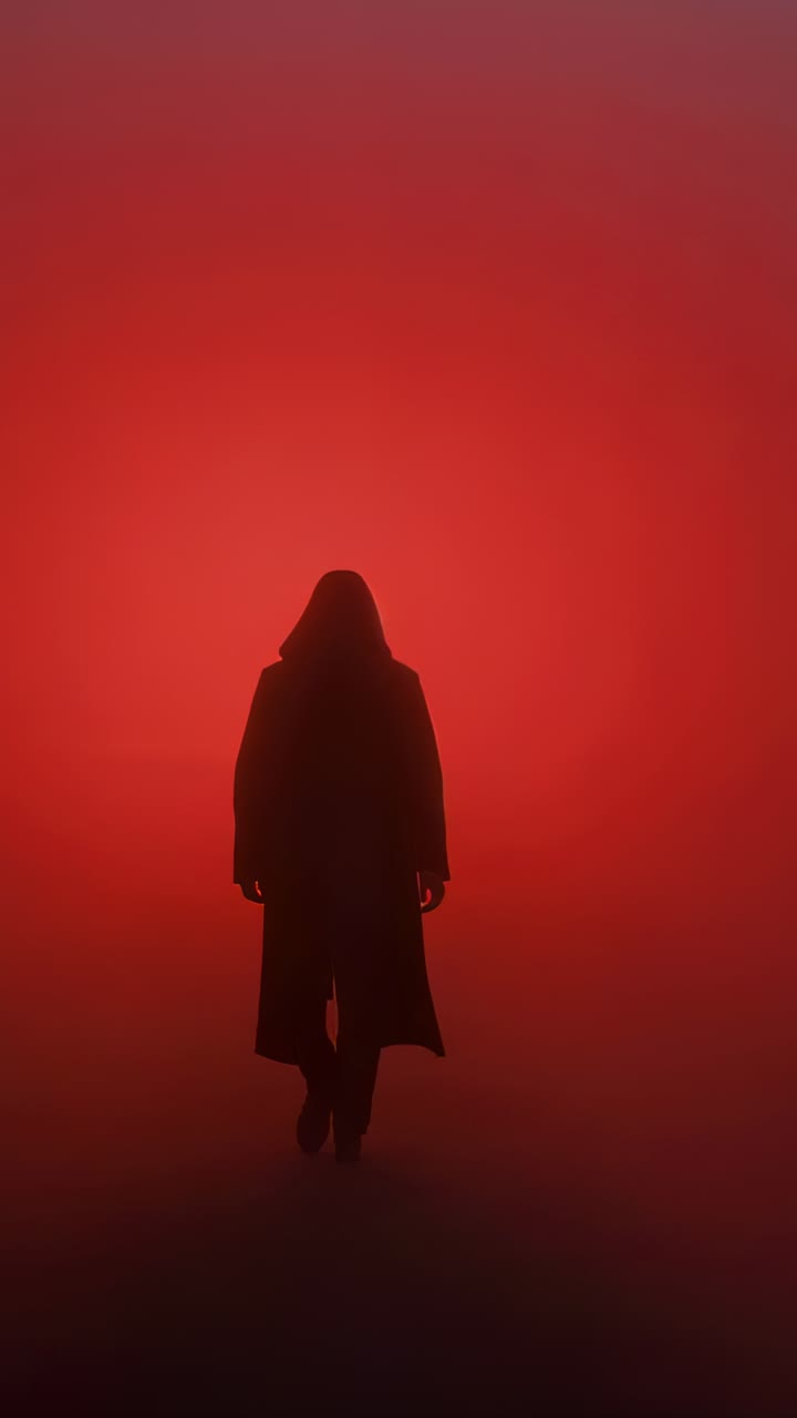 Vertical video: Emerging from distance, hooded figure in coat walking toward camera in set red haze