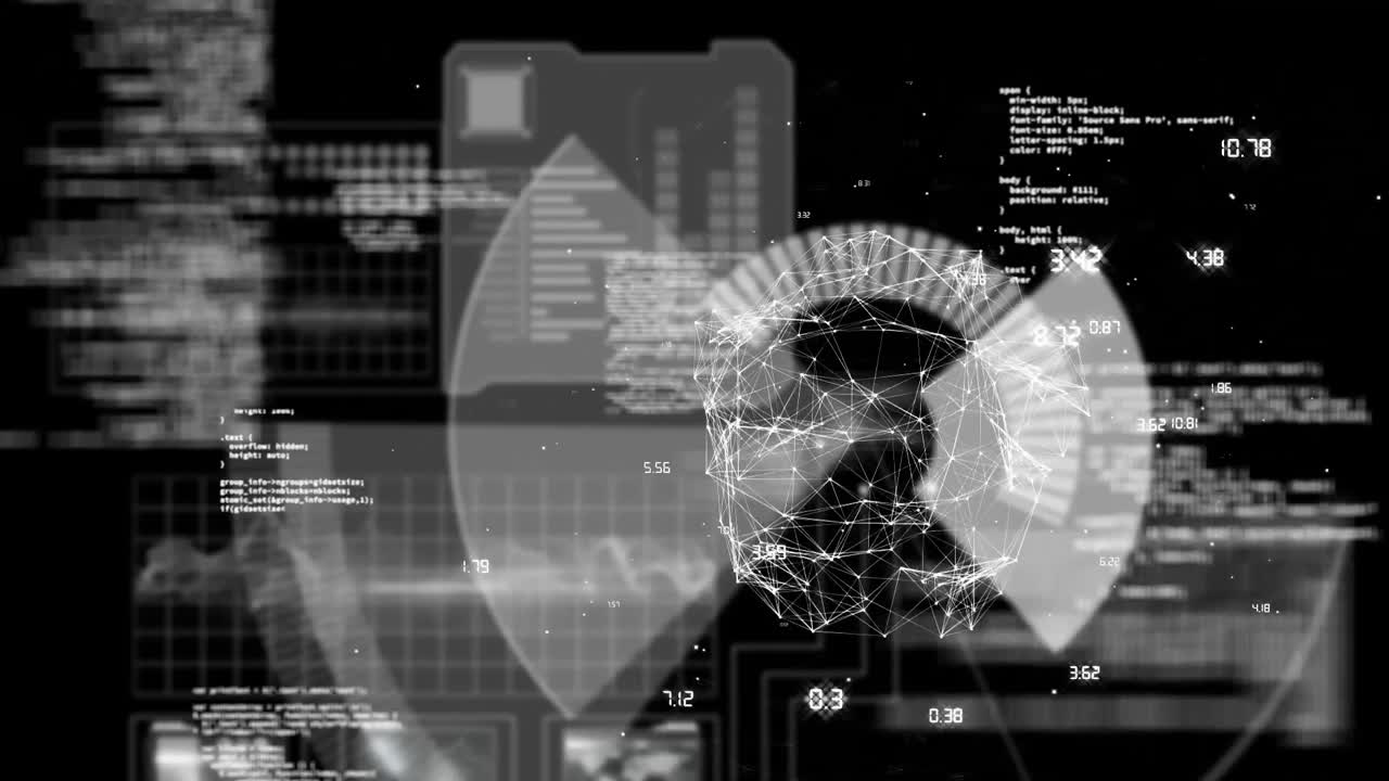 Animasi pemrosesan data dan globe dengan latar belakang hitam