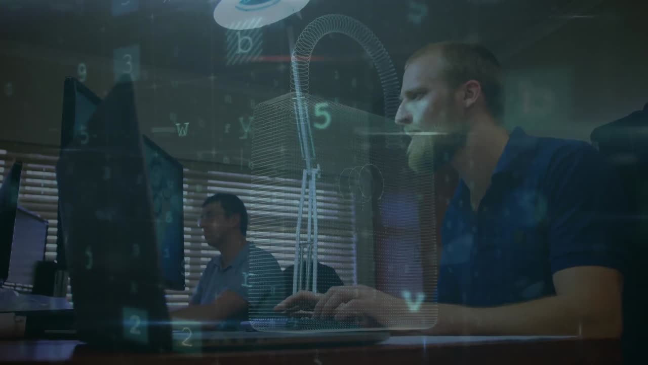 animación de advertencia de ataque cibernético sobre científicos que usan computadoras