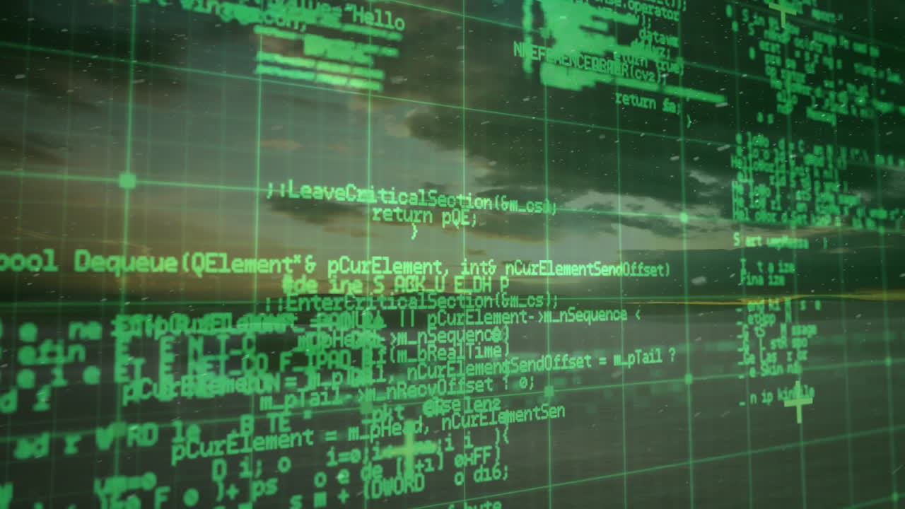 Dusk coastal seascape being visualized with translucent green digital grid overlay in 3D render