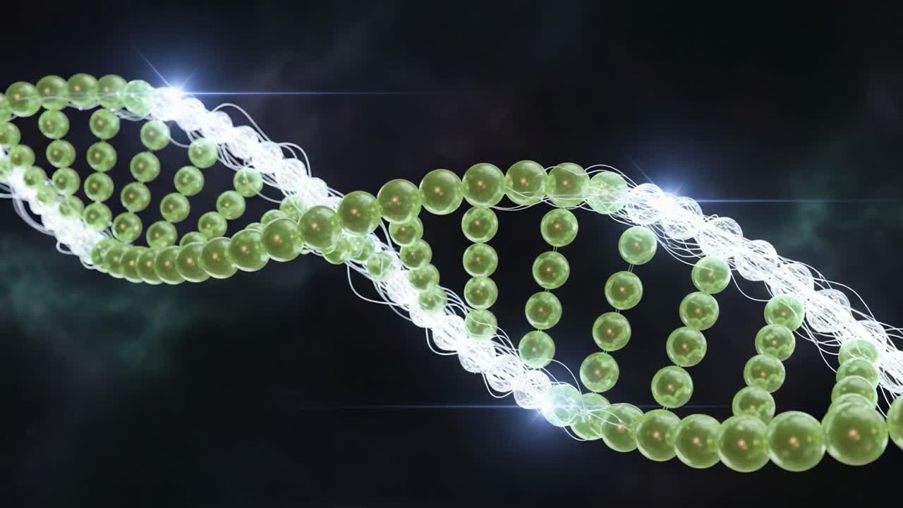 A Stunning Visual Representation of DNA Structure, Showcasing the Double Helix with Green Spheres and Light Effects in a Dark Background