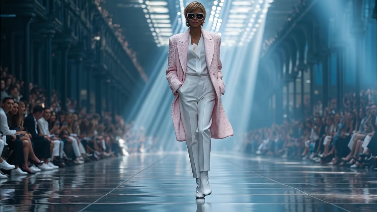 Elegant modemodel går ned ad en catwalk i en stilfuld pink frakke og hvide bukser under et modeshow.