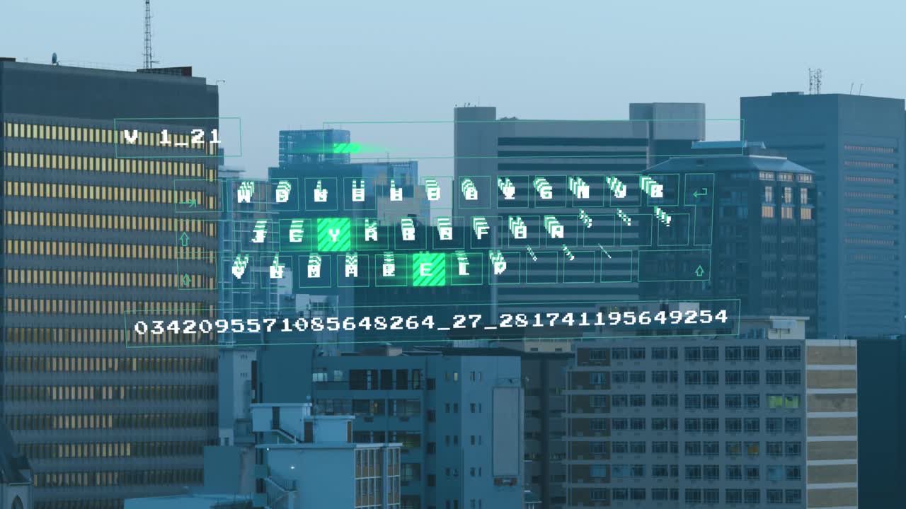 도시 풍경 위의 데이터 처리 애니메이션