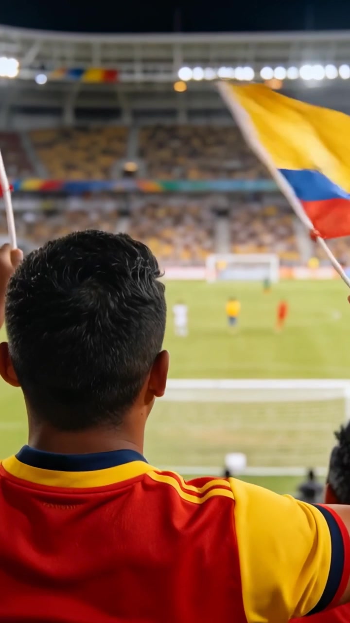Video vertical: Mientras el juego se acerca a la portería, un aficionado en la grada con equipación amarilla levanta la bandera de la ECU, señalando, ondeando y mirando.