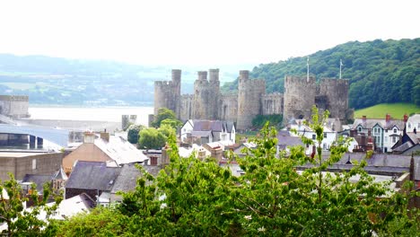 vistas históricas frente al mar del castillo de conwy sobre el frondoso follaje de árboles frondosos junto al río