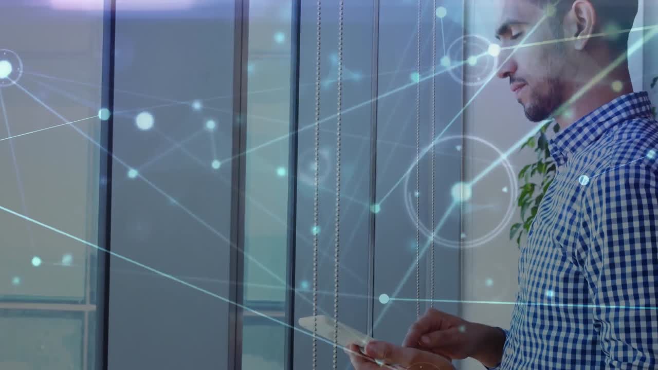 Animation of financial data processing over caucasian businessman in office