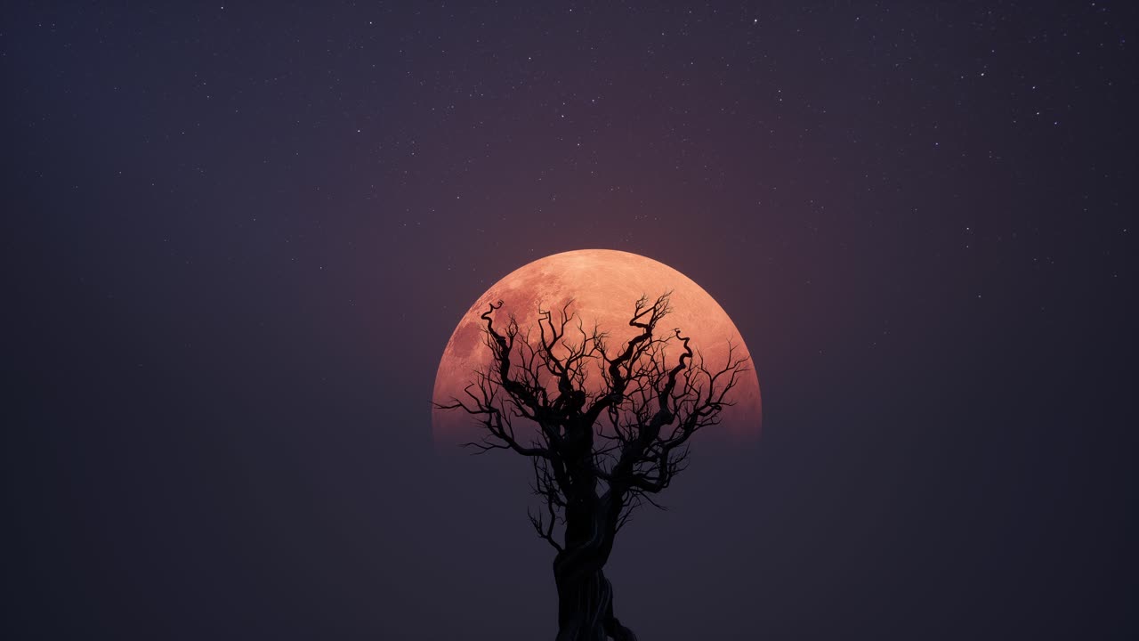 Spøkelsesaktig, vridd tresilhuett mot en blodrød måne og stjernehimmel.