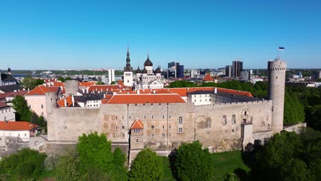 aerial boom shot reveals toompea castle , old town in background