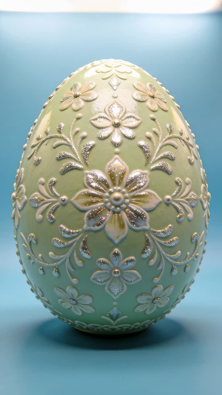 Vertical video: Showing lighting creating subtle highlights on ornate egg in studio for display