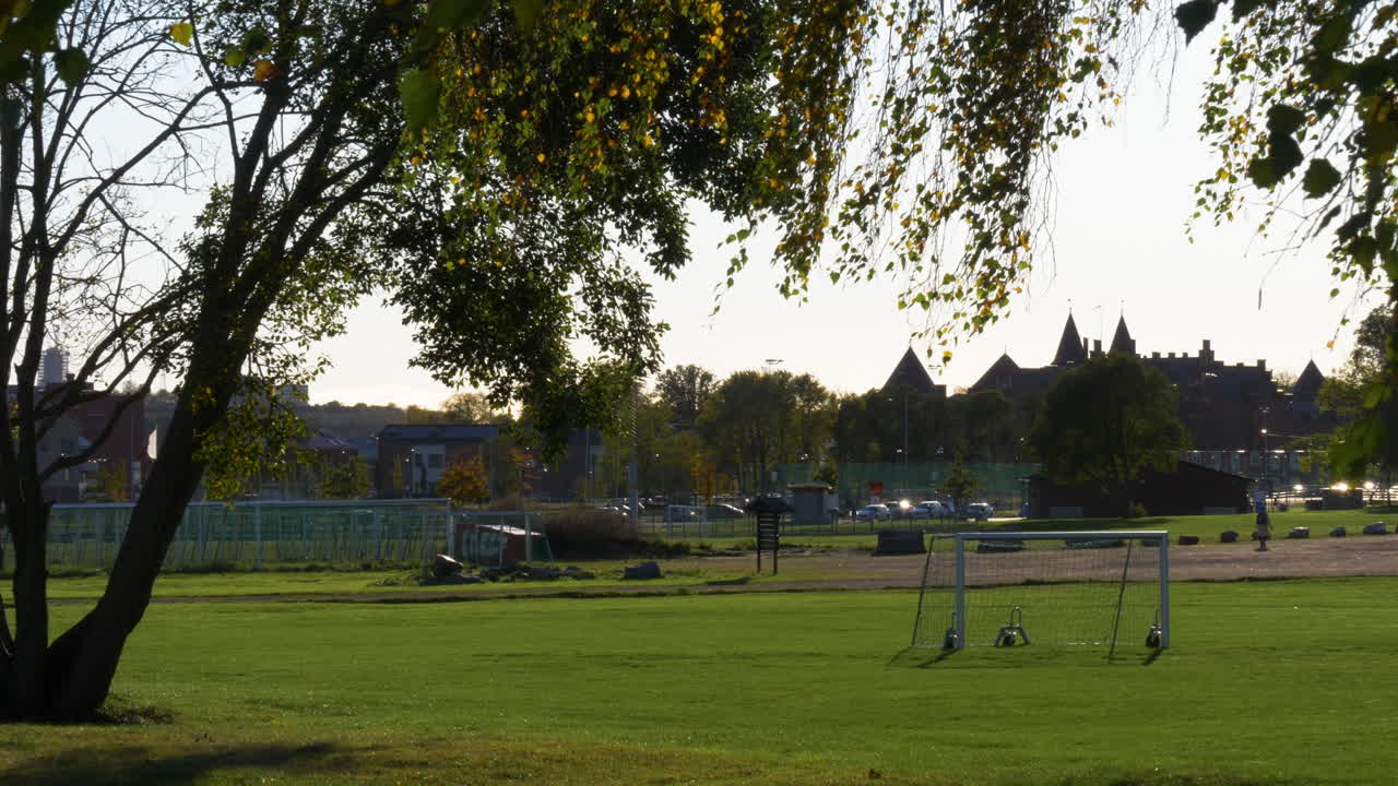 gol en el campo de fútbol del parque kviberg vacío en gotemburgo, suecia en un día soleado