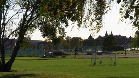 Goal-At-The-Soccer-Field-Of-Empty-Kviberg-Park-In-Gothenburg,-Sweden-On-A-Sunny-Day
