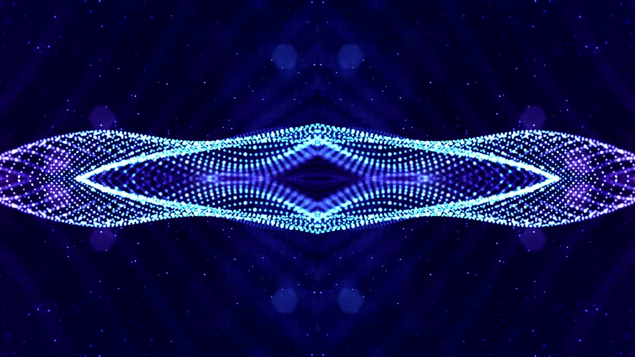 4k looped sci-fi 3d abstract animation. Glow blue particles form lines, symmetrical structures like in microworld or cosmic space. For holiday presentations, ceremonies as vj loop motion design